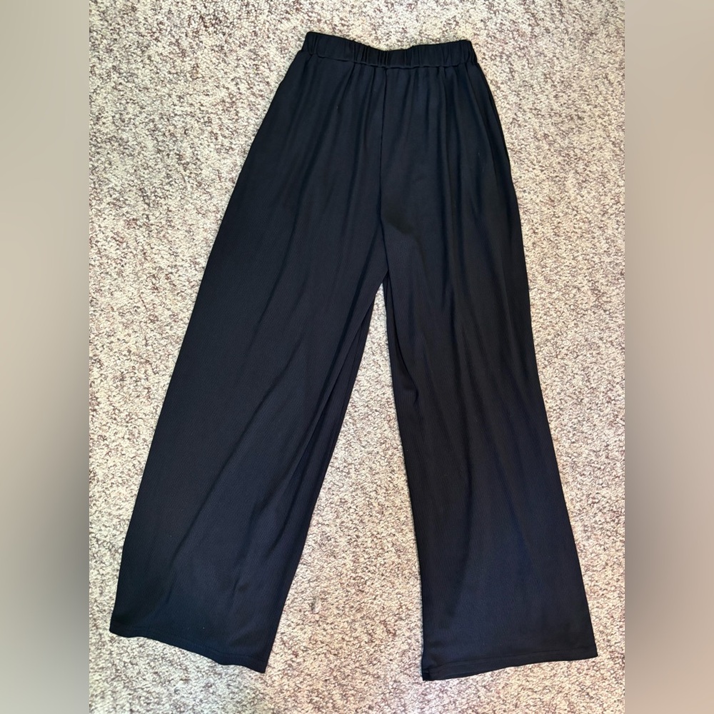 Yozy Women's Wide-Leg Ribbed Black Lounge Pants with Elastic Waist